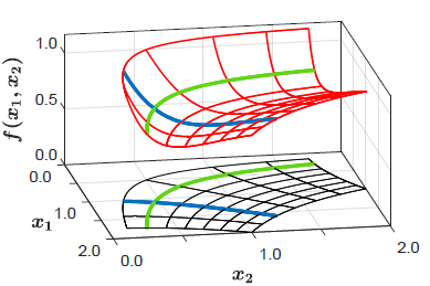 A function of two variables in which output behavior is determined solely by the effective parameter x_1x_2. Wire mesh (red) plotting function values and its projection (black) onto the domain. The green curve, on which f is constant, is a level set for the effective parameter. Conversely, f achieves all possible output values on the blue curve.